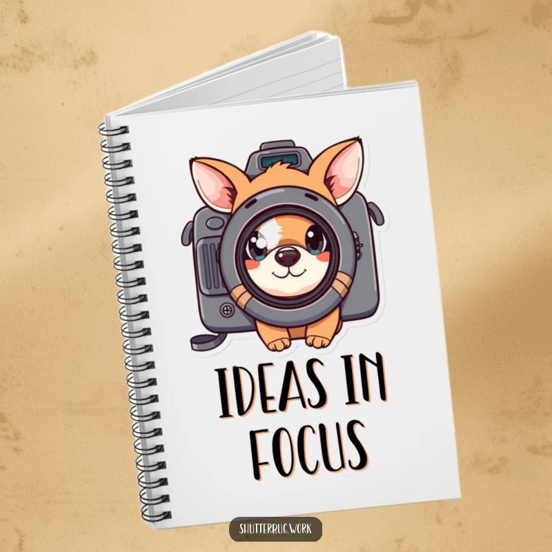 Funny curious animal peeking through a camera lens, inspiring creativity in this notebook, perfect for jotting down thoughts and photo ideas.