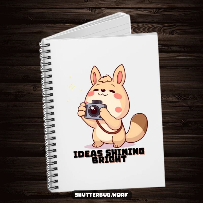 Funny excited animal pointing a camera towards a twinkling light, inspiring creativity in this notebook, perfect for capturing ideas and chasing light.