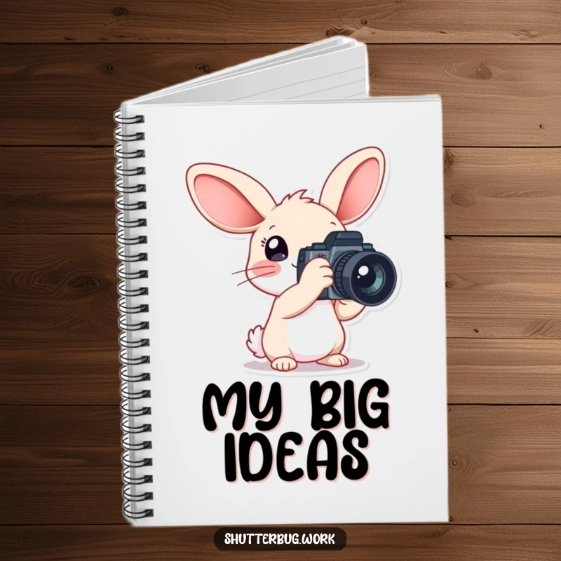 Funny Notebook featuring a rabbit character with oversized ears holding a large camera, perfect for jotting down photography notes and creative ideas.