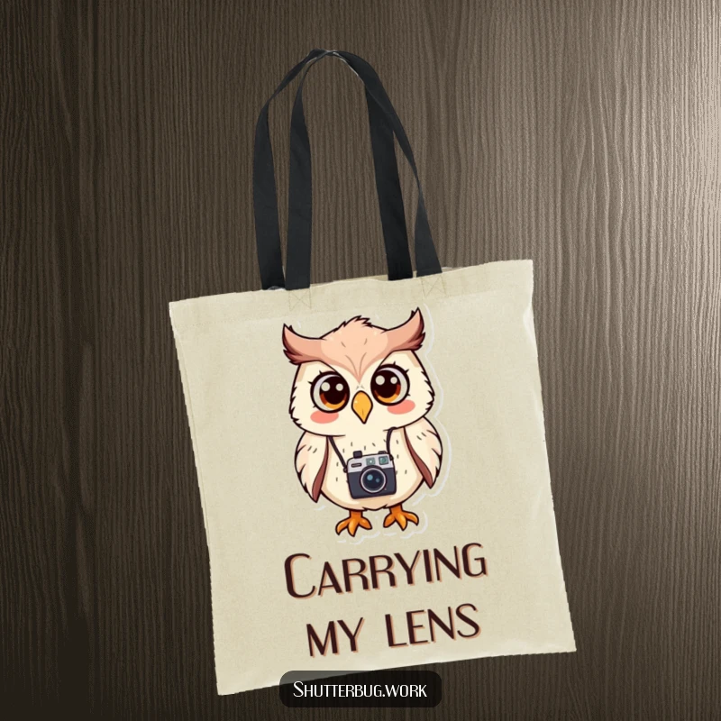 Funny Tote Bag featuring a surprised owl with a camera, illustrating a comical photography encounter, ideal for carrying essentials with humor.