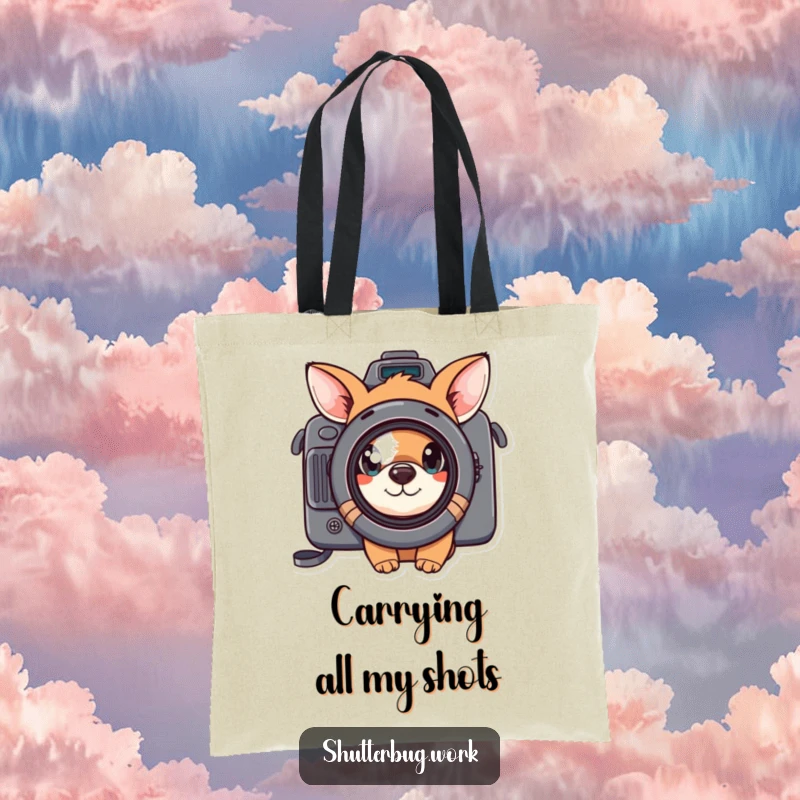 Funny curious animal peeking through a camera lens, depicted on a durable tote bag, ready for everyday adventures and photo ops.