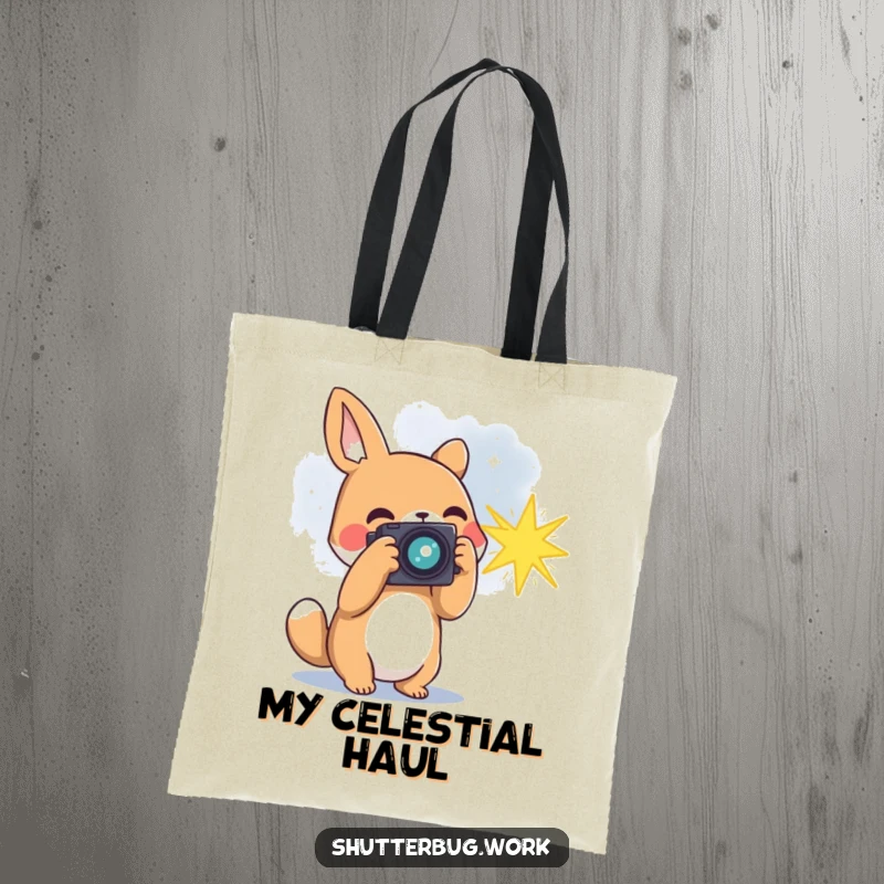 Funny animal photographer capturing a bursting star with its camera, depicted on a durable tote bag, ideal for carrying supplies and dreams.