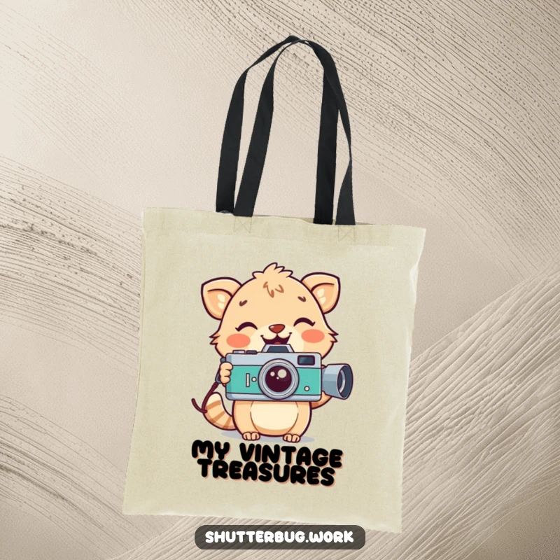 Funny playful animal with a wide smile holding a vintage camera, depicted on a durable tote bag, ideal for carrying everyday items.